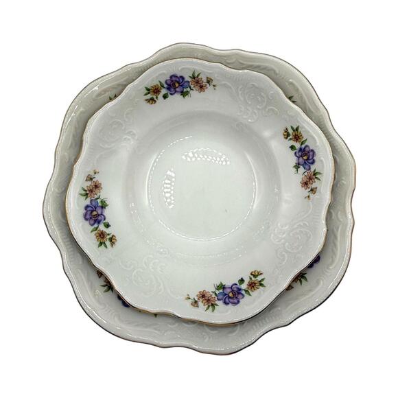 Set of 2 Vintage LC Bernadotte Nesting Floral Porcelain Bowls – Purple Flowers